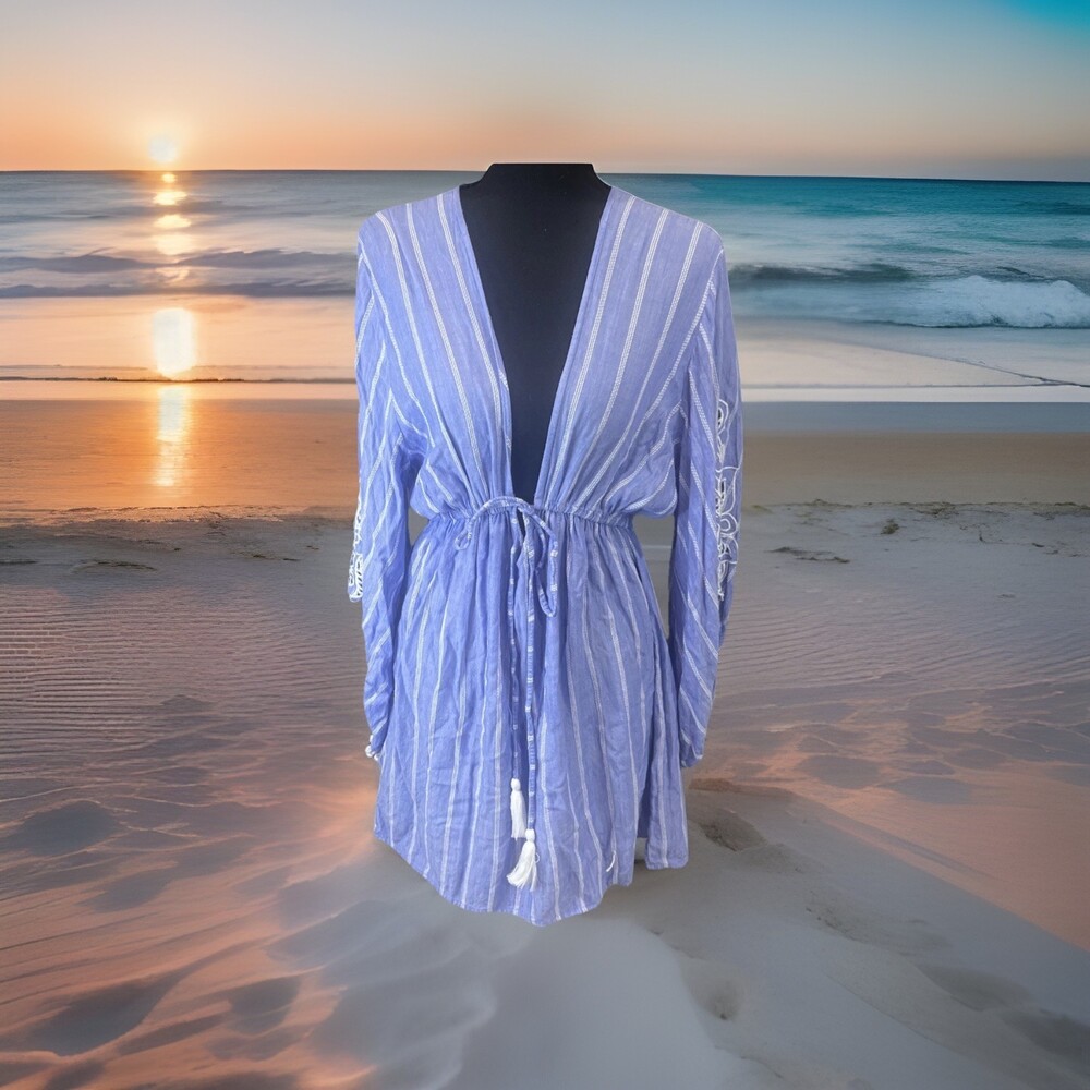 Blue Island Women’s Size L Blue White Striped Mini Sundress Cover Up Dress Beach